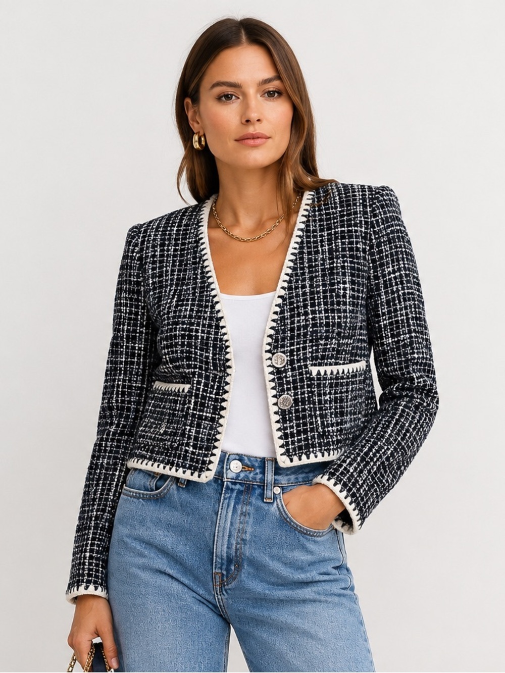 Veronica Beard Bosea Tweed Crop Jacket Blue White Cotton Blend Blazer Size 2 NWT